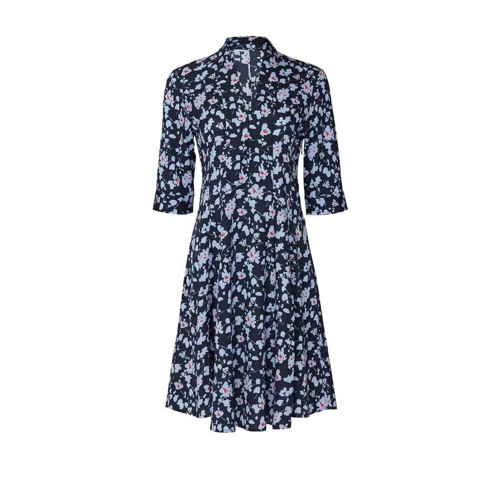 Derek Lam 10 Crosby x RTR Navy Floral Print A-Line Dress With 3/4 Sleeves & V-Ne